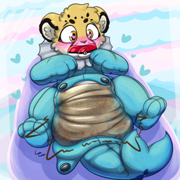 abstract_background ambiguous_gender anthro blush blush_lines brown_markings brown_nose button_(fastener) clothed clothing diaper facial_markings feces fur head_markings heart_eyes heart_symbol inner_ear_fluff lying markings multicolored_body multicolored_fur object_in_mouth on_back onesie open_onesie pacifier pacifier_in_mouth plushsuit pokemon_onesie pooping soiled_diaper soiling soiling_diaper solo spotted_face tan_body tan_fur tan_inner_ear tan_inner_ear_fluff text tuft unclean_diaper used_diaper wearing_diaper whisker_spots yellow_body yellow_fur ludis-luteo nintendo pokemon spottykitten cheetah eeveelution felid feline generation_1_pokemon mammal pokemon_(species) vaporeon 1:1 2019 absurd_res artist_name hi_res signature