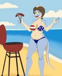 2024 5_fingers american_flag american_flag_bikini anthro beach belly big_breasts bikini blue_body blue_scales blue_sky breasts brown_hair brown_pubes cavemanon_studios claws clothed clothing detailed_background digital_drawing_(artwork) digital_media_(artwork) dinosaur extinct eyelashes female finger_claws fingers flag_bikini food frill_(anatomy) grill hair hi_res hot_dog i_wani_hug_that_gator long_tail looking_at_viewer mature_anthro mature_female multicolored_body multicolored_scales navel open_mouth open_smile outside prehistoric_species pubes reptile ring_(jewelry) scales scalie sea seaside sharp_teeth skimpy skimpy_bikini sky slightly_chubby smile sodawave_(artist) solo sophia_payne spinosaurid spinosaurus swimwear tail tan_body tan_scales teal_eyes teeth theropod thick_thighs two-piece_swimsuit two_tone_body two_tone_scales united_states_of_america water