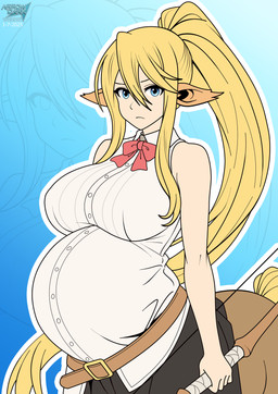 big_breasts blonde_hair blue_background blue_eyes bow_(weapon) breasts brown_ears clothing female female_taur hair holding_bow_(weapon) holding_object holding_ranged_weapon holding_weapon long_hair looking_at_viewer monster_girl_(genre) outline ponytail pregnant pregnant_female pregnant_taur ranged_weapon shirt simple_background solo taur_upper_pregnancy topwear weapon white_clothing white_outline white_shirt white_topwear arrowdark european_mythology greek_mythology monster_musume mythology centorea_shianus_(monster_musume) centaur equid equid_taur humanoid_taur mammal mammal_taur taur absurd_res hi_res