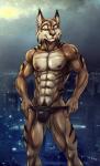 abs anthro biceps biped brown_body brown_fur bulge claws clothed clothing fur looking_at_viewer male muscular muscular_anthro muscular_male nipples pecs pose smile solo speedo standing swimwear topless whiskers white_body white_fur yellow_eyes bleakcat thizorac felid feline lynx mammal