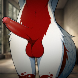 anthro balls big_balls big_penis bodily_fluids foreskin genital_fluids genitals hands_behind_back leaking_precum male male/male penis precum solo thick_thighs marblesoda folfie_winter canid canine canis deer hybrid mammal wolf absurd_res hi_res