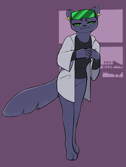 anthro barefoot black_clothing black_shirt black_topwear bottomless bottomless_female clothed clothing convenient_censorship ear_piercing eyewear eyewear_on_head feet female front_view green_eyes jacket looking_at_viewer piercing shirt smile solo standing sunglasses sunglasses_on_head topwear white_clothing white_jacket white_topwear eggnog_(artist) brand_new_animal studio_trigger marie_itami mammal mink mustelid musteline true_musteline 2023 full-length_portrait hi_res portrait