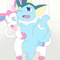 ambiguous/ambiguous ambiguous_gender blush bodily_fluids chibi duo featureless_crotch feral feral_on_feral looking_at_another looking_at_partner open_mouth questionable_consent restrained shaking smug tears tickling trembling tomukemono nintendo pokemon eeveelution generation_1_pokemon generation_6_pokemon pokemon_(species) sylveon vaporeon 1:1