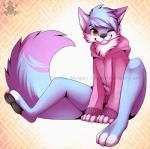 3_toes anthro biped black_pawpads blue_body blue_fur bottomless clothed clothing daww feet fur hoodie looking_at_viewer male one_eye_closed pawpads paws sitting smile solo toes topwear wink winking_at_viewer yellow_eyes slushie-nyappy-paws goji_(flitchee) canid canine fox mammal 2015 distracting_watermark watermark