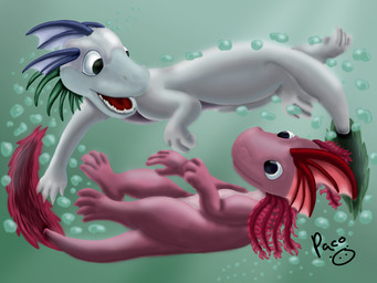 ambiguous_feral ambiguous_gender blue_frill bubble duo eye_contact feral frill_(anatomy) glistening glistening_eyes head_crest head_frill looking_at_another mouth_closed open_mouth open_smile pink_body pink_tail red_tongue side_view smile swimming tail teeth tongue underwater water white_body white_tail pandapaco aquatic 4:3 signature