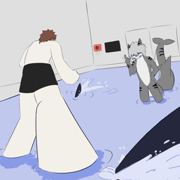5_fingers ambiguous_gender anthro big_legs black_bottomwear black_clothing black_shorts blue_eyes bottomwear brown_hair clothed clothing fight fighting_pose fin fingers gesture grey_body group hair hand_gesture hand_on_hip looking_at_another male multicolored_body partially_submerged pointing pointing_up poolside pose shark_fin shark_tail shorts simple_background striped_body stripes topless topless_human topless_male white_background white_body white_hair whip_collar changed_(video_game) lin_(changed) tiger_shark_(changed) aquatic fish human mammal shark 1:1 hi_res