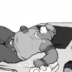 anthro bottomwear car clothed clothing eyewear fully_clothed glasses gloves handwear hat headgear headwear male pants pose shirt simple_background slightly_chubby solo sponge tank_top topwear vehicle white_background shinoda_hamazaki bear mammal 1:1 monochrome pinup