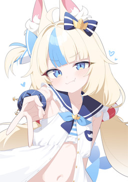 accessory ahoge animal_ears bikini bikini_under_clothing blonde_hair blue_eyes blush clothing collarbone cute_fangs dress fangs female flat_chested fluffy_ears hair hair_accessory heart_symbol highlights_(coloring) long_hair looking_at_viewer navel open_dress pattern_bikini pattern_clothing pattern_swimwear pigtails shark_tail smile striped_bikini striped_clothing striped_swimwear stripes swimwear teeth two-piece_swimsuit young young_female young_humanoid honi1010 indie_virtual_youtuber sameko_saba_(vtuber) animal_humanoid cat_humanoid felid felid_humanoid feline feline_humanoid humanoid mammal mammal_humanoid absurd_res hi_res