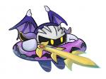 ambiguous_gender armor galaxia_(sword) inflatable mask melee_weapon membrane_(anatomy) membranous_wings not_furry pauldron pool_toy purple_body seven-branched_sword simple_background solo swim_ring sword water weapon white_background wings yellow_eyes barabones kirby_(series) nintendo meta_knight bat mammal waddling_head featureless_(disambiguation)