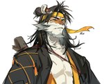 accessory anthro fangs hair headband long_hair looking_at_viewer male simple_background solo teeth white_background yellow_eyes yellow_headband missasa arknights hypergryph studio_montagne huai_tianpei_(arknights) felid mammal pantherine tiger absurd_res hi_res