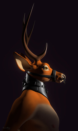 anthro antlers bdsm belt bondage bound collar facial_piercing horn leather male muzzle_(object) muzzled nipples nose_piercing nose_ring piercing ring_piercing snout solo submissive submissive_male beastmilk deer mammal 3:5 3d_(artwork) digital_media_(artwork)