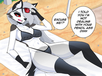 5_fingers anthro beach_towel bikini black_nose breasts clothing duo eyewear female fingerless_gloves fingers fur gloves grey_hair hair handwear legwear male notched_ear open_mouth red_sclera shadow speech_bubble sunglasses swimwear text thigh_highs tongue towel two-piece_swimsuit under_boob white_body white_fur carliabot hellaverse helluva_boss mythology loona_(helluva_boss) canid canid_demon canine demon hellhound mammal mythological_canine mythological_creature 2025 4:3 english_text