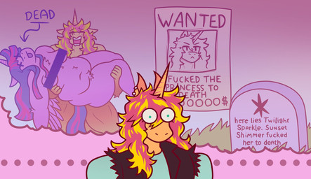 anthro bodily_fluids breasts bridal_carry carrying_another censor_bar chest_tuft crotch_tuft crying death duo ear_piercing ear_ring female female/female horn imagination navel piercing profanity ring_piercing slightly_chubby tears text tombstone tuft wanted_poster wings dapper_lil_arts equestria_girls friendship_is_magic hasbro my_little_pony mythology sunset_shimmer_(eg) twilight_sparkle_(mlp) equid equine mammal mythological_creature mythological_equine unicorn winged_unicorn english_text hi_res