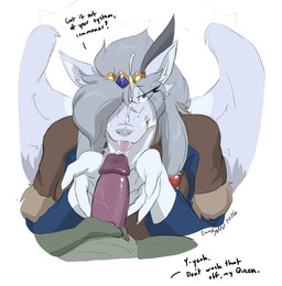after_oral anthro biped blue_eyes bodily_fluids crown cum cum_in_hair cum_on_face cum_on_head cum_on_tongue dialogue duo erection eyelashes female first_person_view fur furred_wings genital_fluids genitals glans green_body grey_body grey_hair hair half-closed_eyes headgear humanoid_genitalia humanoid_penis male male/female narrowed_eyes penis pink_glans pink_penis queen royalty text tiara tongue tongue_out wings zerofox1000 mythology excalibur_(zerofox) dragon furred_dragon furred_scalie mythological_creature mythological_scalie scalie 2026 colored english_text hi_res signature