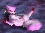 anus ear_piercing ear_ring facial_markings female feral fur gem genitals grass head_markings looking_at_viewer markings pawpads paws piercing pink_body pink_fur plant presenting presenting_pussy pussy red_eyes ring_piercing smile smirk solo tail text astralia_(art) genshin_impact mihoyo yae_miko canid canine fox mammal hi_res watermark