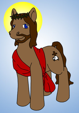 alternate_species beard blue_eyes brown_body brown_fur brown_hair cross crown crown_of_thorns cutie_mark facial_hair feral fur gradient_background hair headgear looking_at_viewer male ponification quadruped religion simple_background smile solo tail what_has_magic_done bridgetthegamer hasbro my_little_pony jesus_christ equid equine horse mammal pony
