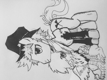 ambiguous_gender beak clothing duo feral hat headgear headwear male sideways tailsisbest hasbro my_little_pony mythology fan_character avian equid equine gryphon horse mammal mythological_avian mythological_creature pony 4:3 black_and_white monochrome pen_(artwork) sketch traditional_media_(artwork)