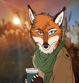 5_fingers anthro autumn beverage blue_eyes brown_clothing clothing coffee coffee_cup container cup disposable_cup female fingers green_clothing solo sun marjani canid canine fox mammal 2021 hi_res