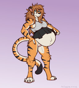 anthro belly big_belly black_bottomwear black_clothing black_ear_tips black_nose black_skirt black_stripes black_tail_tip blue_eyes bottomwear brown_hair casual_exposure clothed clothing digitigrade dipstick_ears dipstick_tail ear_markings female fluffy fluffy_hair fur genitals gradient_background grey_clothing grey_shirt grey_tank_top grey_topwear hair hand_on_leg hand_on_own_leg hand_on_own_thigh hand_on_thigh huge_belly humanoid_hands long_hair markings multicolored_ears navel no_underwear outie_navel pawpads pink_pawpads pink_vulva pregnant pregnant_anthro pregnant_female purple_background shirt simple_background skirt solo standing striped_body striped_fur striped_markings striped_tail stripes tail tail_markings tank_top topwear vulva dansharkman zariah_(insperatus) felid mammal pantherine tiger 2026 digital_drawing_(artwork) digital_media_(artwork) english_description hi_res