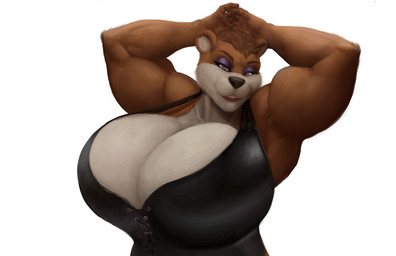 anthro big_breasts breasts brown_body brown_fur brown_hair cleavage clothed clothing eyeshadow female flexing fur hair hands_behind_head huge_breasts makeup muscular muscular_anthro muscular_arms muscular_female short_hair simple_background solo topwear white_background unknown_artist bear mammal absurd_res hi_res source_request