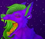 anthro blue_eyes bodily_fluids eyebrow_piercing facial_piercing furgonomics furry-specific_piercing green_hair green_teeth hair male mouth_shot muzzle_piercing nose_piercing open_mouth orange_tongue piercing purple_body saliva saliva_on_tongue saliva_string solo teeth tongue deanwolfwood canid canine mammal absurd_res hi_res