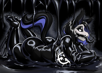 anthro big_breasts big_butt black_hair black_latex black_sclera bone breasts butt female hair huge_breasts latex liquid_latex looking_at_viewer multicolored_hair nude nude_anthro nude_female purple_hair skull skull_head solo tail thick_thighs tongue tongue_out two_tone_hair two_tone_tail white_eyes rikatsuky scp_foundation scp-1471-a canid canine mammal skulldog_(species) symbiote 2025 absurd_res hi_res