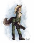 anthro blonde_hair breasts canid canine canis clothed clothing digital_media_(artwork) domestic_dog female fingers flashing fully_clothed g36 german_shepherd glowing glowing_eyes hair herding_dog heterochromia hi_res holding_object holding_weapon kizrae looking_at_viewer mammal natasha_klopov nipples pastoral_dog ranged_weapon simple_background smile solo uniform weapon