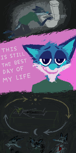 anthro blue_body blue_fur bodily_fluids crying cycle drugged fur male open_mouth open_smile smile solo substance_intoxication tears text toilet x_eyes demensa emil_(demensa) canid canine canis coyote domestic_dog hybrid mammal 2021 absurd_res comic digital_media_(artwork) english_text hi_res pixel_(artwork)