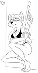 3_fingers 3_toes anthro arms_bent barefoot bent_legs big_breasts bikini biped breasts cheek_tuft clothed clothed_anthro clothed_female clothing crouching dark_bikini dark_clothing dark_eyebrows dark_nose dark_swimwear eyebrows eyelashes facial_tuft feet female fingers fur fur_tuft gun hair half-closed_eyes holding_gun holding_object holding_ranged_weapon holding_weapon humanoid_hands knee_tuft leg_tuft long_eyelashes long_hair mouth_closed narrowed_eyes nipple_outline plantigrade pointy_ears pose prick_ears raised_heel ranged_weapon skimpy skimpy_bikini skimpy_swimwear smile smirk solo swimwear thick_thighs three-quarter_view toes tuft two-piece_swimsuit weapon zokva space_ark kitty_(space_ark) domestic_cat felid feline felis mammal 2024 black_and_white digital_drawing_(artwork) digital_media_(artwork) monochrome signature