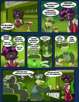 accessory alcohol anthro bar bartender beverage big_butt black_body black_fur bodily_fluids butt cigar clothed clothed_anthro clothed_male clothing cocktail cocktail_glass container cough cup dialogue drinking_glass drunk fully_clothed fully_clothed_anthro fully_clothed_male fur glass glass_container glass_cup green_clothing green_eyes green_topwear green_vest group hair huge_butt male necktie obese obese_anthro obese_male open_clothing open_topwear open_vest overweight overweight_anthro overweight_male police police_officer purple_hair purple_necktie roofie speech_bubble substance_intoxication sweat sweaty_face tan_body tan_fur text topwear unimpressed vest squiddy62 vulpes_(zorran) zorran_(zorran) canid canine canis domestic_dog domestic_pig mammal mephitid skunk suid suine sus_(pig) 2025 alpha_channel comic english_text hi_res multiple_scenes