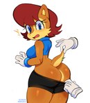 anthro big_butt bottomwear breasts brown_body brown_fur brown_hair butt clothing disembodied_hand duo female fur gloves hair handwear shorts simple_background solo_focus standing thick_thighs topwear ichig8miruku_(artist) archie_comics sega sonic_the_hedgehog_(archie) sonic_the_hedgehog_(comics) sonic_the_hedgehog_(series) sally_acorn mammal rodent sciurid 2022 absurd_res hi_res