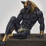 abs anthro armor black_body black_ears black_head bracers bulge claws clothed clothing detailed_bulge eyes_closed genital_outline headdress looking_down male muscular muscular_anthro muscular_male navel pecs penis_outline sad simple_background sitting skimpy solo underwear inubikko egyptian_mythology middle_eastern_mythology mythology anubis anubian_jackal canid canine canis deity jackal mammal 2022