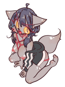 ahoge anthro areola arm_support bangs bdsm black_nose blush blush_lines bondage bound breasts clothed clothing eyelashes female fur gag gagged grey_body grey_fur hair kneeling long_hair looking_at_viewer medium_breasts nipples open_clothing open_mouth open_topwear red_areola red_nipples red_rope restraints rope rope_bondage rope_harness solo tail topwear yellow_eyes kgs701 canid canine mammal colored digital_drawing_(artwork) digital_media_(artwork) hi_res shaded