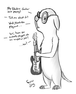 ambiguous_gender anthro confusion dialogue electric_guitar eyewear featureless_crotch fur glasses guitar humor musical_instrument offscreen_character plucked_string_instrument semi-anthro simple_background solo string_instrument text white_background saine_grey disney zootopia fan_character gail_bailey gopher mammal rodent 2016 digital_media_(artwork) english_text monochrome