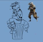 anthro clothed clothing facial_piercing male nose_piercing nose_ring piercing pouting ring_piercing sitting smile smiling_at_viewer smirk smirking_at_viewer solo tail trash_can saintbullart epic_games fortnite rufus_(fortnite) mammal procyonid raccoon sketch