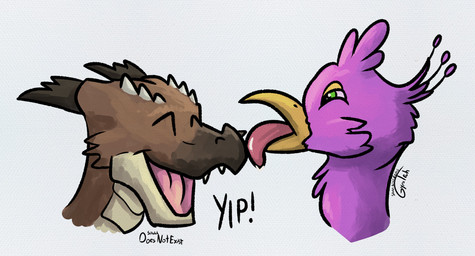 anthro beak biped blue_body duo feathered_crest feathered_wings feathers femboy green_eyes head_crest licking male pink_body tongue wings doesnotexist gyrotech bryce_daeless gyro_feather avian bird galliform kobold peafowl phasianid scalie absurd_res hi_res