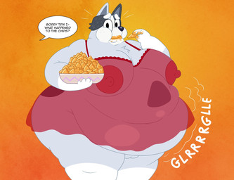 4_fingers anthro areola asking asking_another bare_shoulders belly bent_arm big_areola big_belly big_breasts big_eyes big_nipples biped black_body black_ears black_eyes black_fur black_nose black_text bottomless bottomless_anthro bottomless_female bowl breasts cheek_bulge chest_tuft chips_(food) claws clothed clothing container dialogue dirty dirty_fingers dirty_mouth eating eating_chips eating_food eyebrows female fingers food freckled_face freckles fur fur_tuft genitals glistening glistening_clothing glistening_nightgown glistening_nose gloves_(marking) grey_body grey_breasts grey_ears grey_fur grey_inner_ear head_tuft holding_bowl holding_container holding_object huge_areola huge_belly huge_breasts huge_nipples huge_thighs humanoid_hands innie_vulva iris leg_markings legs_together light_areola light_body light_fur light_nipples looking_at_viewer markings mature_anthro mature_female morbidly_obese morbidly_obese_anthro morbidly_obese_female motion_lines motion_outline mouth_closed multicolored_body multicolored_fur name_drop name_in_dialogue nightgown_only nipple_dip nipples no_pupils obese obese_anthro obese_female offscreen_character orange_background overweight overweight_anthro overweight_female plump_labia pointy_ears prick_ears puffy_areola question red_areola red_claws red_nightgown red_nipples rumbling_stomach sagging_breasts simple_background snout socks_(marking) solo sound_effects speech_bubble standing surprised talking_to_another text textured_background thick_arms thick_eyebrows thick_thighs three-quarter_view translucent translucent_clothing translucent_nightgown tuft vulva white_body white_eyebrows white_fur white_markings white_sclera white_speech_bubble smallfryspy bluey_(series) trixie_heeler australian_cattle_dog canid canine canis cattledog domestic_dog herding_dog mammal pastoral_dog 2026 digital_drawing_(artwork) digital_media_(artwork) english_text