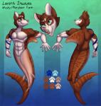 belly blue_eyes brown_body brown_fur fin fish_tail fur male solo tattoo water white_belly recurrent lareth_inuzuka canid canine canis domestic_dog fish husky hybrid mammal marine nordic_sled_dog shark spitz hi_res model_sheet