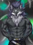 abs anthro belt biceps black_body black_fur black_hair black_nose bottomwear cheek_tuft claws clothing cross_(marking) eyebrows facial_tuft fur gunslinger hair inner_ear_fluff male multicolored_body multicolored_fur muscular muscular_anthro muscular_male pants pecs shirtless shirtless_anthro shirtless_male smile solo spiky_hair tuft two_tone_body two_tone_fur yellow_sclera chibikoma valkyrie_connect wolfgang_(valkyrie_connect) canid canine canis mammal wolf 2021 absurd_res digital_drawing_(artwork) digital_media_(artwork) half-length_portrait hi_res portrait