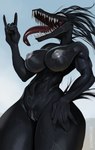 anthro areola black_body breasts female genitals navel nipple_dip nipples nude open_mouth open_smile pussy smile solo tongue tongue_out johnfoxart marvel horse_venom venom_(marvel) equid equine horse mammal symbiote 2024 hi_res