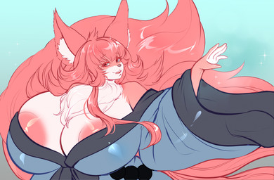 anthro areola areola_slip asian_clothing big_breasts big_tail breasts calm clothing east_asian_clothing female fur huge_breasts japanese_clothing kimono looking_at_viewer neck_tuft pink_areola pink_body pink_fur solo tail tuft yuwi-cyu canid canine fox mammal hi_res