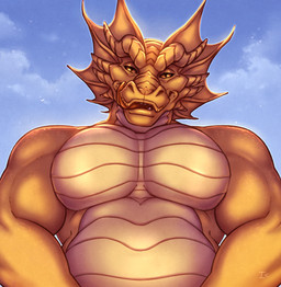 ambiguous_gender anthro biceps blue_background featureless_chest flexing flexing_bicep flexing_both_biceps gold_body gold_scales horn licking licking_lips looking_at_viewer looking_down looking_down_at_viewer low-angle_view musclegut muscular muscular_anthro orange_tongue pecs pupils scales simple_background sky slit_pupils solo spikes spikes_(anatomy) tan_body tan_scales tongue tongue_out ventral_scales warm_lighting yellow_body yellow_eyes interkos dungeons_and_dragons hasbro wizards_of_the_coast afaeth_(jinhalloway) dragonborn_(dnd) scalie 2023 half-length_portrait hi_res portrait shaded