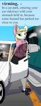 anthro blonde_hair car clothed clothing definition female fully_clothed fur green_eyes hair outside parking_lot profanity sky solo text tongue tongue_out truck vehicle whiskers white_body white_fur cybercorn_entropic afterliff cynthia_boggs mammal mouse murid murine rodent 2020 english_text