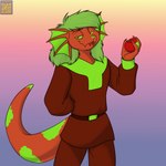 ambiguous_gender anthro apple blep clothed clothing food fruit gradient_background green_hair green_nose hair plant red_body red_clothing simple_background solo tongue tongue_out foxenawolf isla_aukate darnathi 1:1