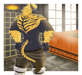 anthro back_muscles bath biceps big_muscles black_body black_fur blonde_hair bottomwear butt claws clothed clothing ear_piercing ear_ring fangs fur hair inside looking_at_viewer looking_back looking_back_at_viewer male mane mane_hair muscular muscular_anthro muscular_male pants piercing rear_view ring_piercing shower solo standing tail tail_tuft teeth triceps tuft undressing yellow_body yellow_fur rikitsu final_fantasy final_fantasy_xiv square_enix felid feline hrothgar mammal 2019 2020 digital_drawing_(artwork) digital_media_(artwork) hi_res