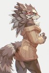 anthro blush bottomless brown_body brown_fur clothed clothing dress ear_piercing fur green_eyes male piercing solo striped_body striped_fur stripes sweater sweater_only topwear topwear_only white_body white_fur biri lifewonders tokyo_afterschool_summoners seth_(tas) canid canine canis jackal mammal 2022