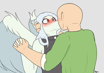 5_fingers amber_eyes anthro bald biped black_clothing black_shirt black_tank_top black_topwear blue_body blue_scales blush bone_frill canon_couple clothing duo eyebrow_through_hair eyebrows feathered_wings feathers female fingers frill_(anatomy) green_clothing green_shirt green_topwear grey_background grey_body grey_feathers grey_hair hair hand_holding hand_on_head human_on_anthro humanoid_hands interspecies kissing long_hair looking_at_another male male/female markings romantic romantic_couple scales shirt simple_background striped_markings stripes surprised tank_top text three-quarter_view topwear translucent translucent_hair wide_eyed wings hyuvevo cavemanon_studios goodbye_volcano_high ko_op_(game_developer) snoot_game anon_(snoot_game) fang_(gvh) human mammal prehistoric_species pterosaur reptile scalie 2024 absurd_res artist_name colored half-length_portrait hi_res portrait