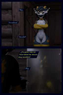 anthro arm_warmers armwear blue_body blue_eyes blue_fur blurred_character clothing dialogue female fur genitals green_body leg_warmers legwear male pubes shower text vulva white_body white_fur yellow_eyes flauntingfornication european_mythology mythology dragon kobold mythological_creature mythological_scalie scalie western_dragon wyvern 2:3 3d_(artwork) absurd_res comic digital_media_(artwork) english_text hi_res daughter_(lore) father_(lore) parent_(lore)