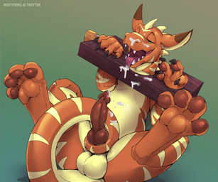 after_orgasm anthro autotailjob balls bodily_fluids brown_penis countershade_balls countershade_crotch countershade_genitalia countershade_neck countershade_tail countershade_torso countershading cum cum_on_chest cum_on_face cum_on_self cum_on_tail erection genital_fluids genitals gradient_background green_eyes knot knotted_penis licking_cum looking_pleasured lying male male_anthro masturbation nude nude_anthro nude_male on_back open_mouth orange_body penile penile_masturbation penis restraints sex simple_background slightly_chubby slightly_chubby_anthro slightly_chubby_male solo stocks striped_body stripes tail tail_around_penis tail_fetish tail_masturbation tail_play tail_sex tailjob tongue tongue_out yellow_body mintyderg nogard kobold scalie 2021 digital_media_(artwork) hi_res