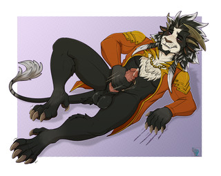 animal_genitalia animal_penis anthro balls bite biting_lip biting_own_lip blush bodily_fluids claw_marks clawing_floor claws clothing coat erection fur genital_fluids genitals hair highlights_(coloring) horn male masturbation multi_ear penile penile_masturbation penile_spines penis precum saggy_balls self_bite shirtless simple_background solo sweat topwear conditional_dnp electroporn guild_wars charr felid feline mammal 5:4 digital_media_(artwork) full-length_portrait hi_res portrait